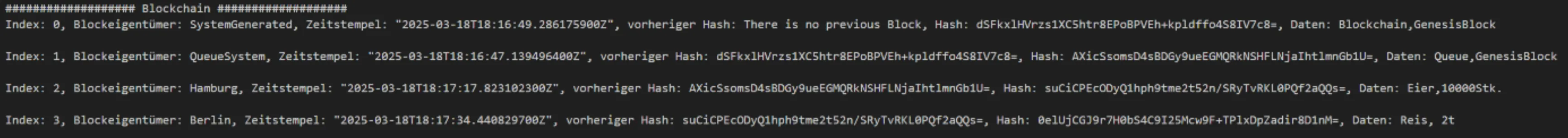 Test der Blockeinlagerung in die Blockchain