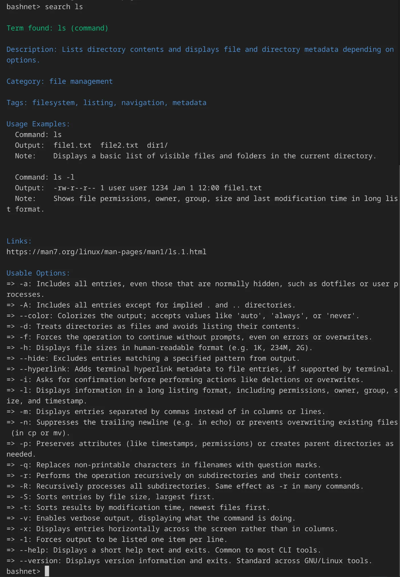 CLI-Ausgabe für search lsmit Kontextinformationen (UC-02)